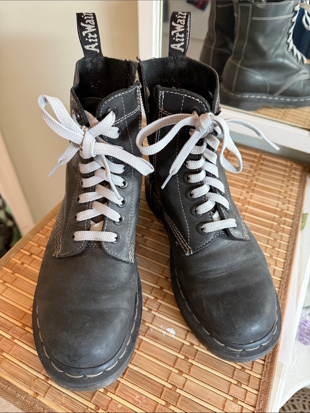 Dr. Martens Black Leather Lace-Up Combat Boots with gray Laces